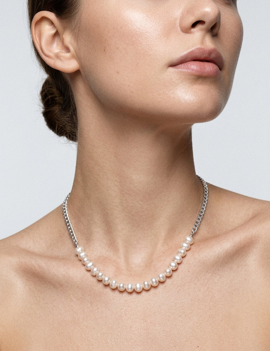 Silver Tide Freshwater Pearl Chain Necklace gembea jewelry