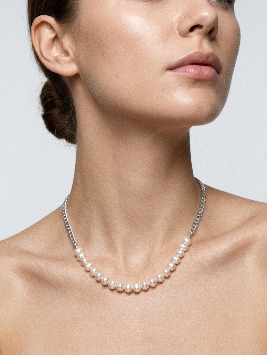 Silver Tide Freshwater Pearl Chain Necklace gembea jewelry