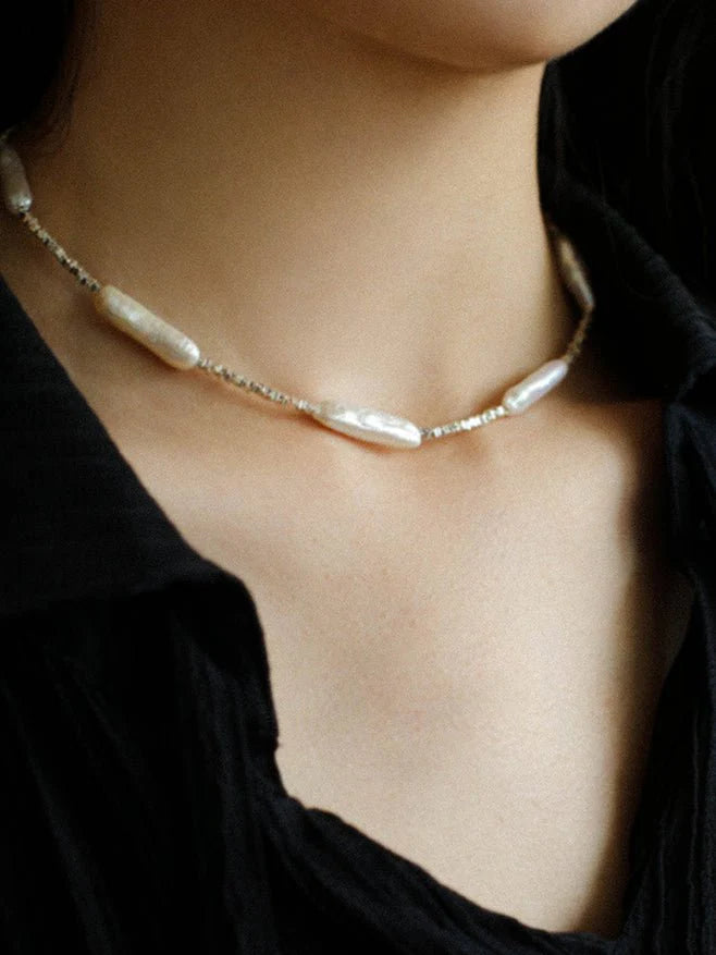 Silver Baroque Toothpick Pearl Necklace-Gembea Jewelry