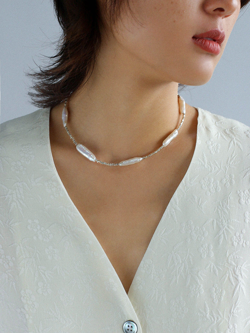 Silver Baroque Toothpick Pearl Necklace-Gembea Jewelry
