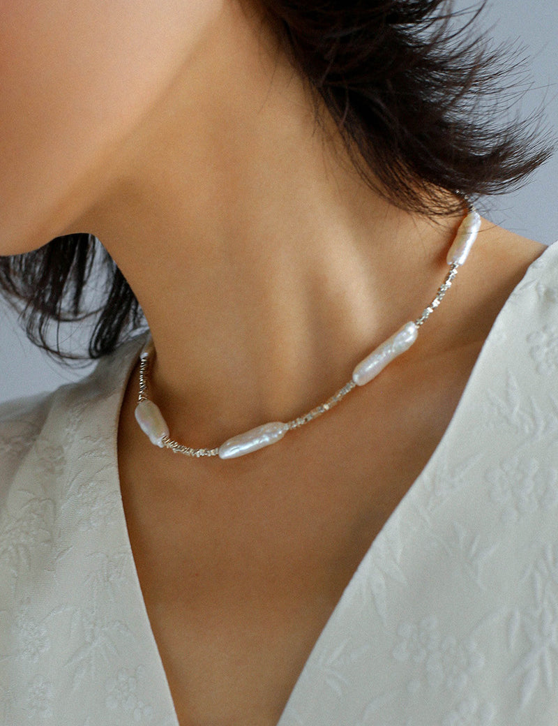 Silver Baroque Toothpick Pearl Necklace-Gembea Jewelry