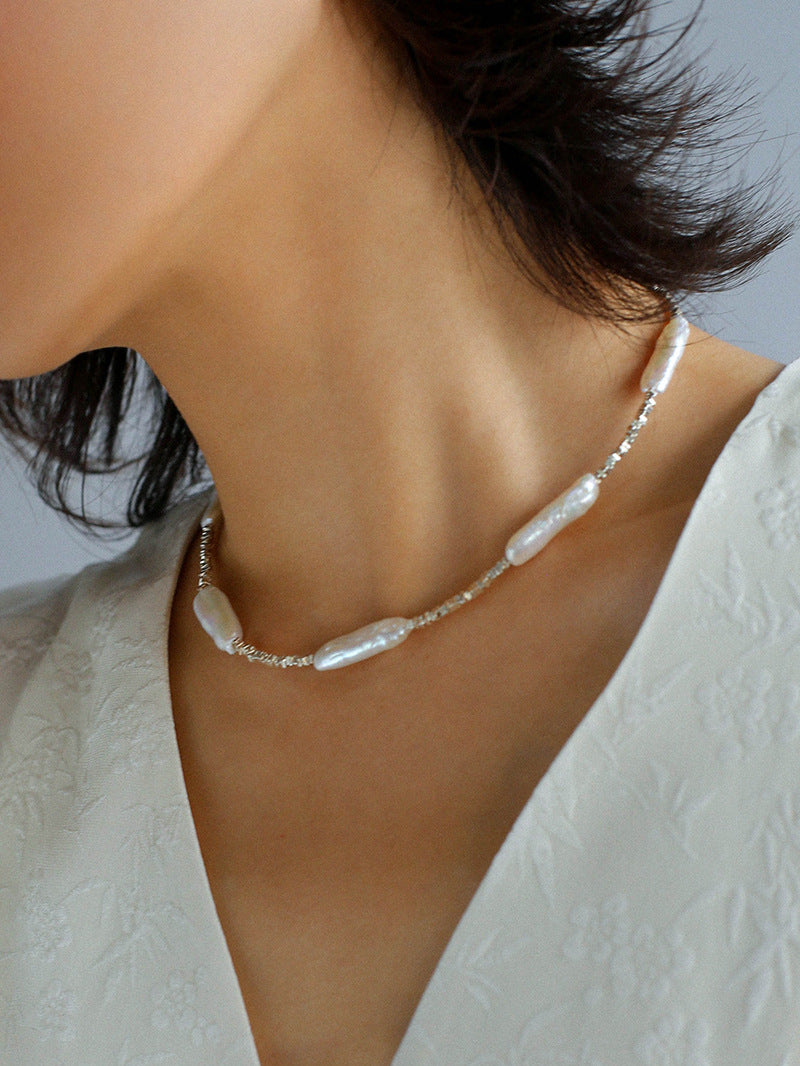 Silver Baroque Toothpick Pearl Necklace-Gembea Jewelry