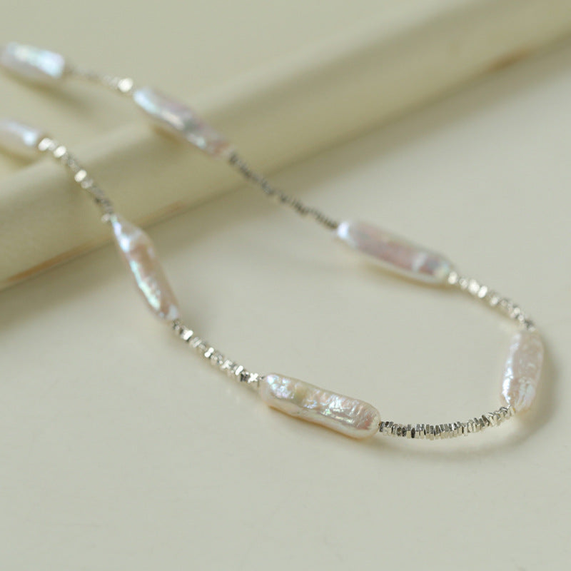 Silver Baroque Toothpick Pearl Necklace-Gembea Jewelry