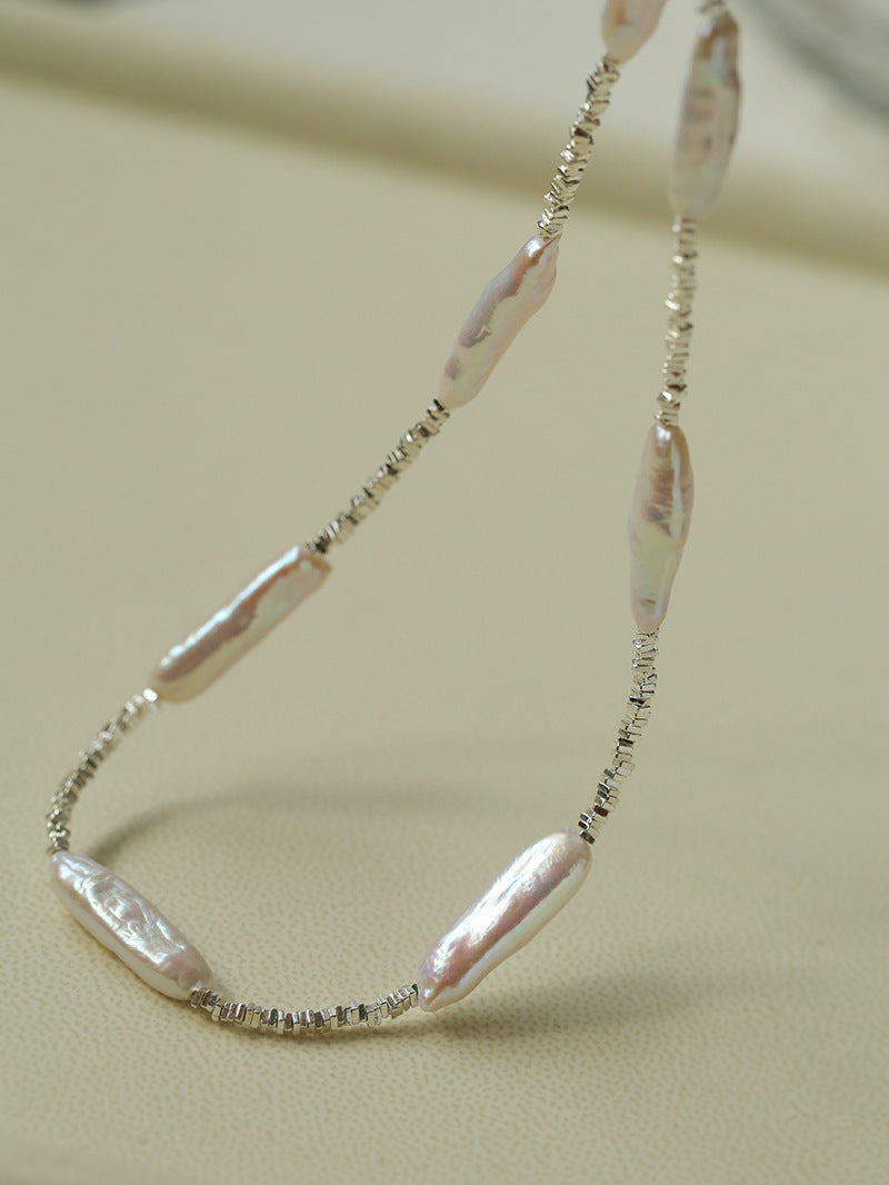 Silver Baroque Toothpick Pearl Necklace-Gembea Jewelry