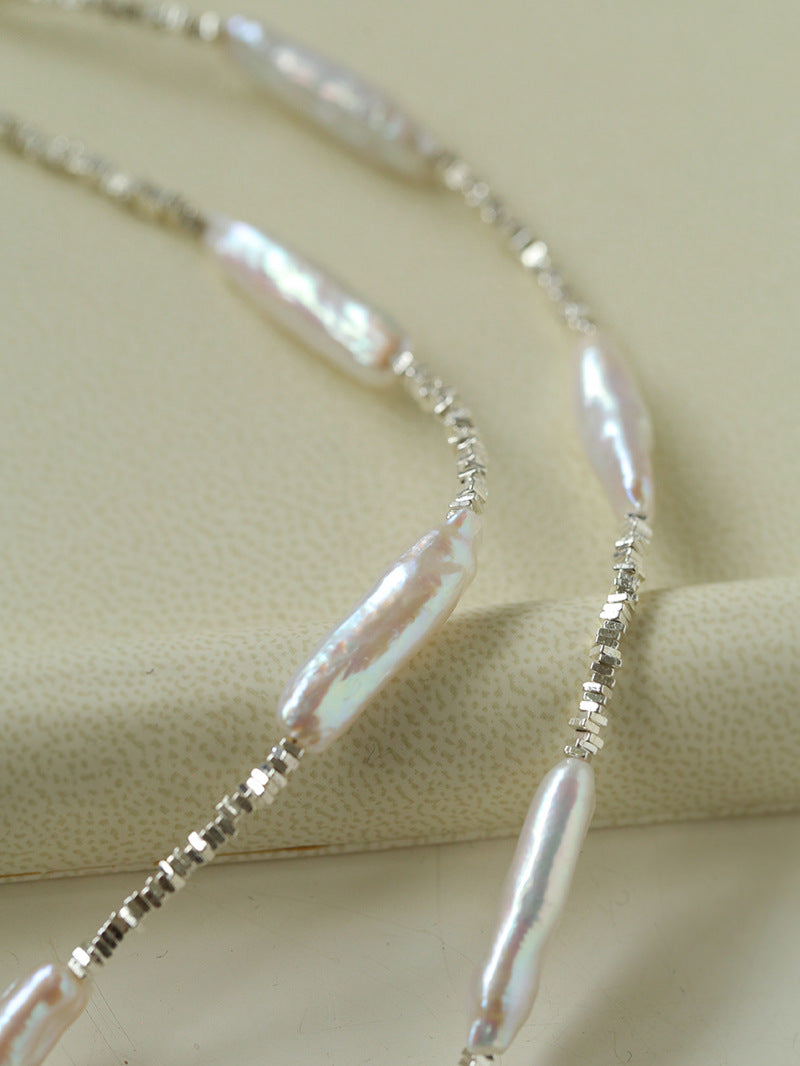 Silver Baroque Toothpick Pearl Necklace-Gembea Jewelry