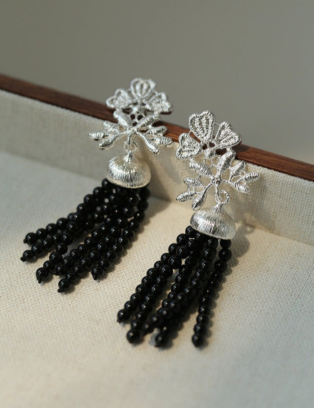 Silver Lace Black Agate Tassel Earrings gembea jewelry