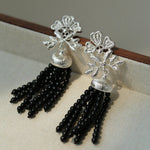 Silver Lace Black Agate Tassel Earrings gembea jewelry