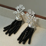 Silver Lace Black Agate Tassel Earrings gembea jewelry