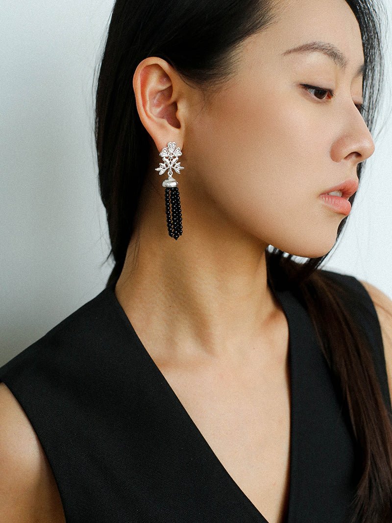 Silver Lace Black Agate Tassel Earrings gembea jewelry