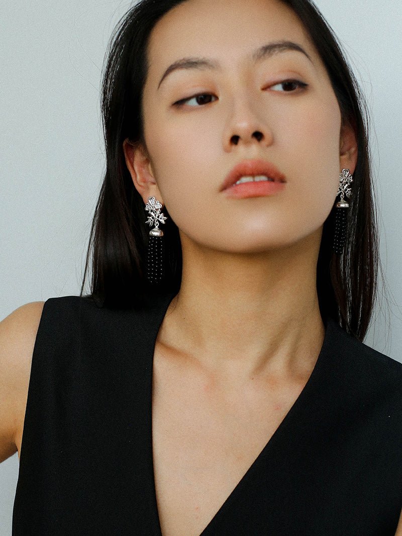 Silver Lace Black Agate Tassel Earrings gembea jewelry