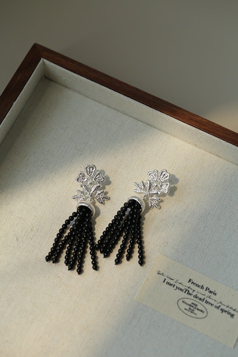 Silver Lace Black Agate Tassel Earrings gembea jewelry