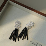 Silver Lace Black Agate Tassel Earrings gembea jewelry