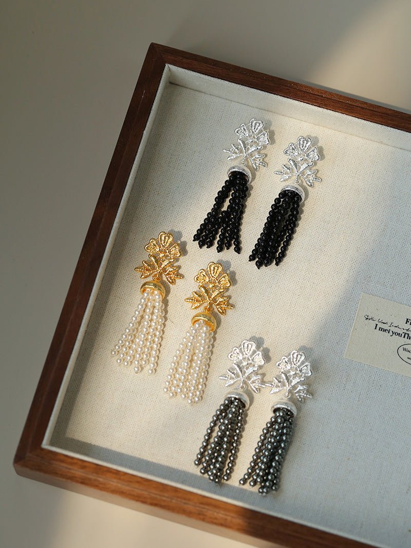 Silver Lace Black Agate Tassel Earrings gembea jewelry