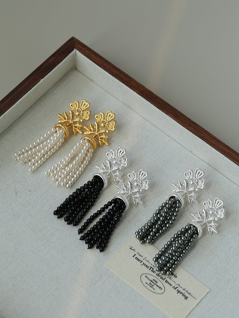 Silver Lace Black Agate Tassel Earrings gembea jewelry
