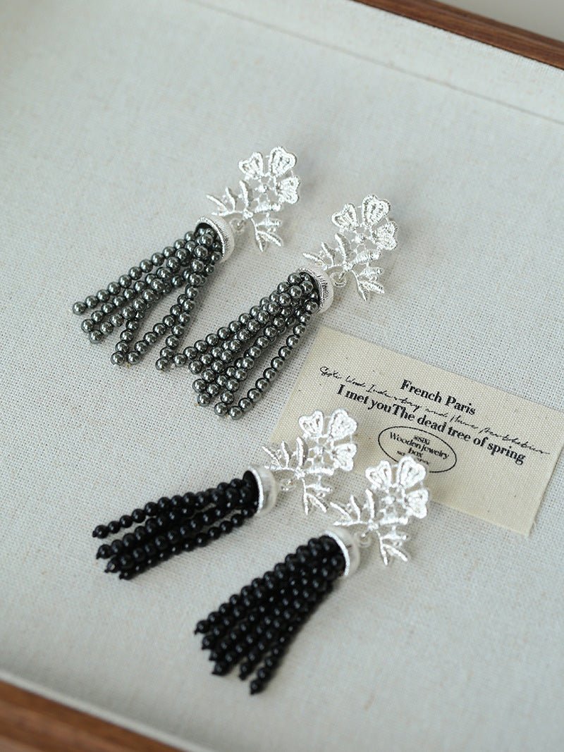 Silver Lace Black Agate Tassel Earrings gembea jewelry