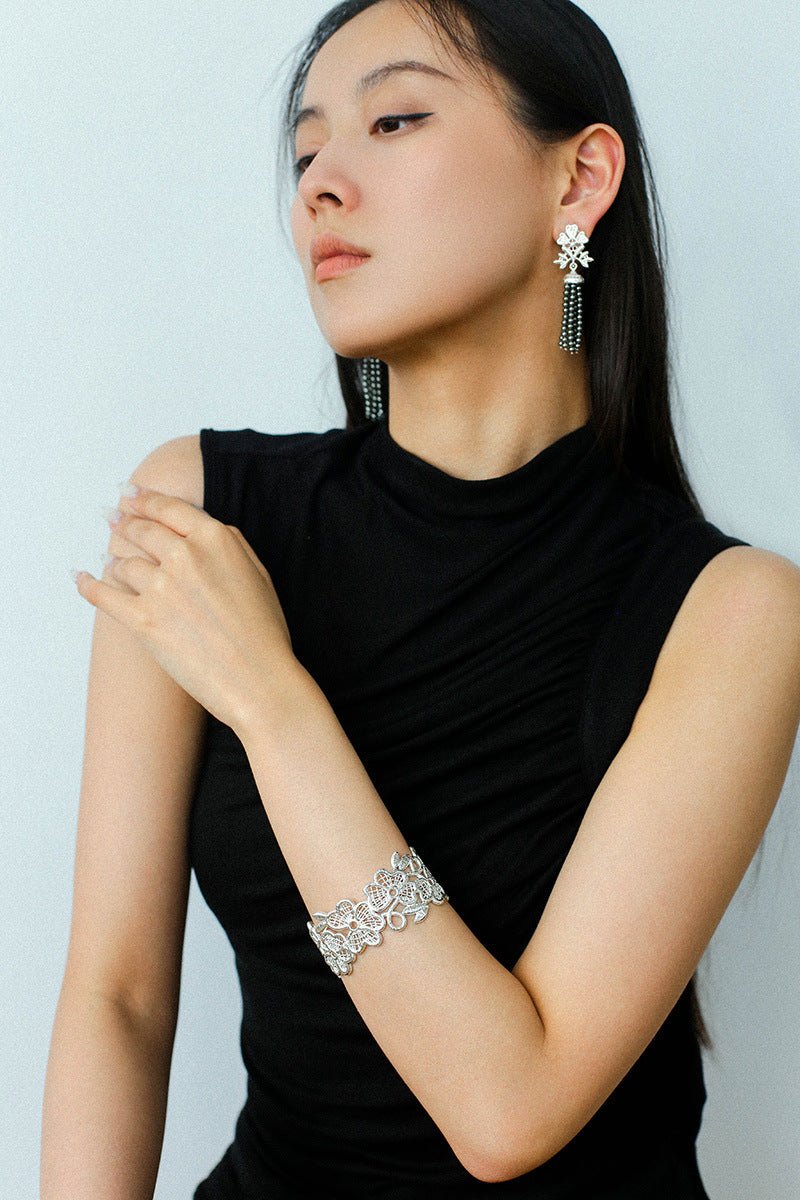 Silver Lace Grey Pearl Tassel Earrings gembea jewelry