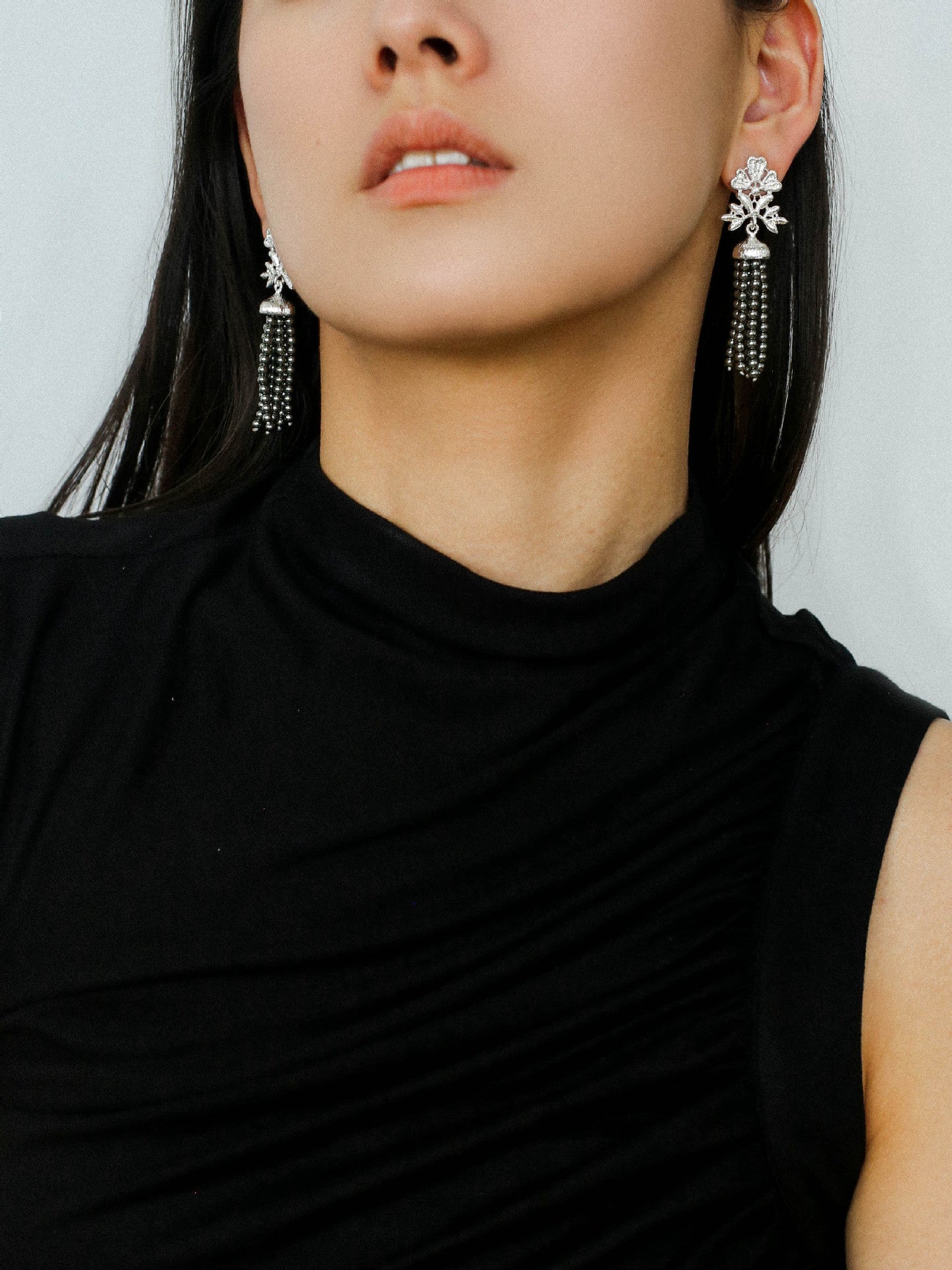 Silver Lace Grey Pearl Tassel Earrings gembea jewelry