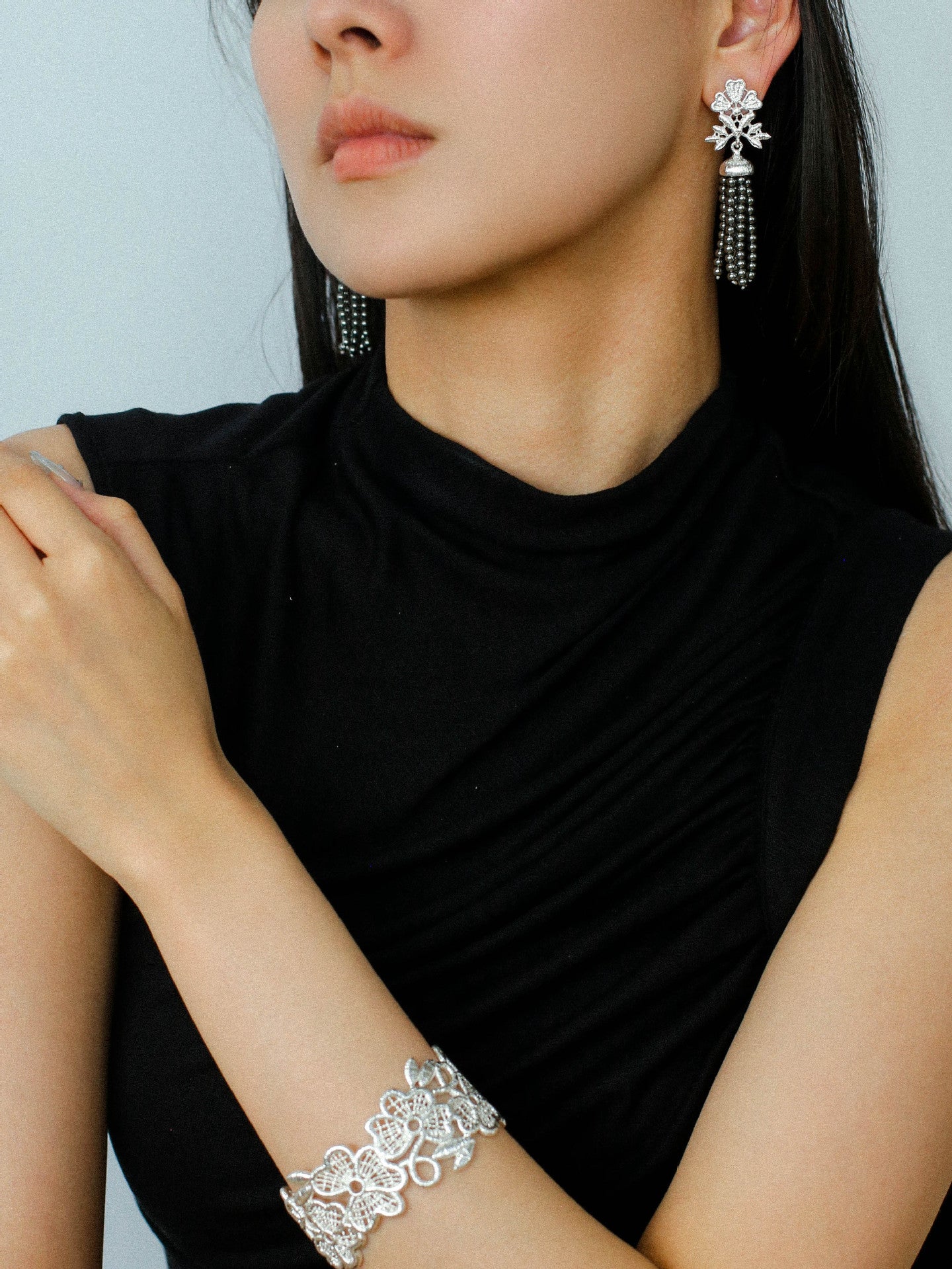 Silver Lace Grey Pearl Tassel Earrings gembea jewelry