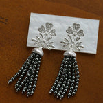 Silver Lace Grey Pearl Tassel Earrings gembea jewelry