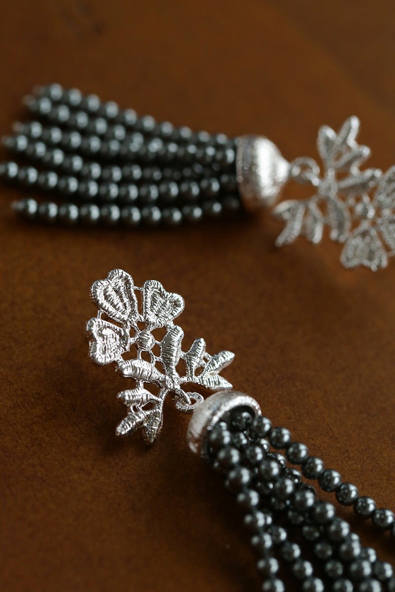 Silver Lace Grey Pearl Tassel Earrings gembea jewelry