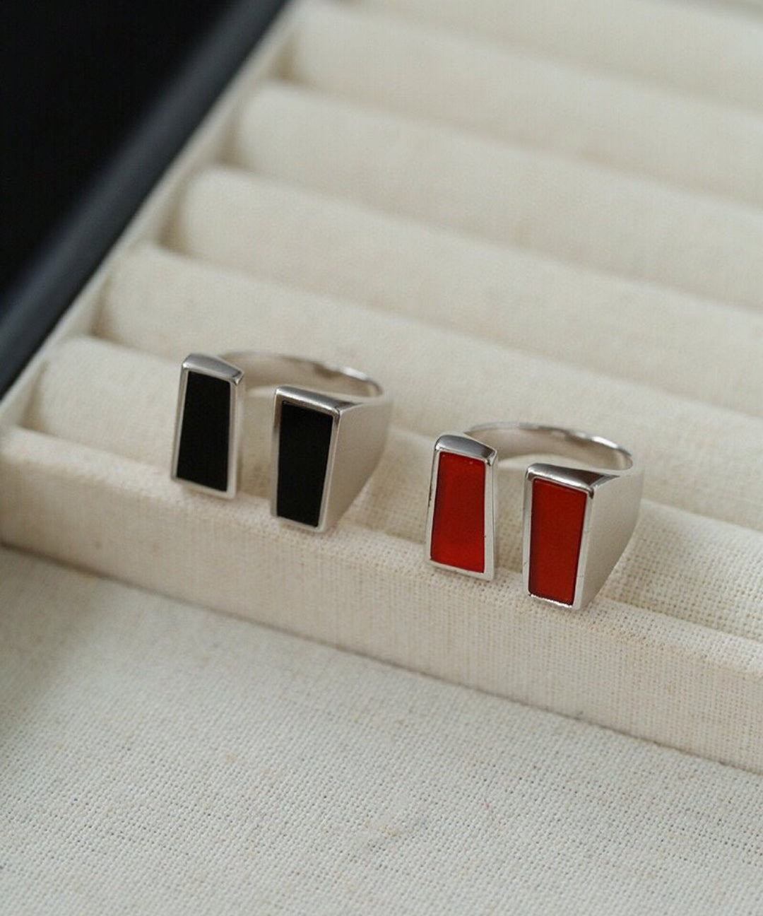 Silver Matte Black Red Agate Ring-gembea jewelry