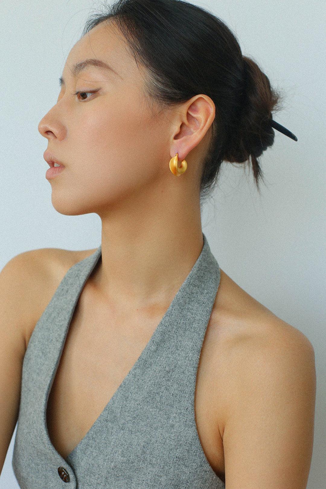 Simple S925 Silver Matte Gold Hoop Earring - Gembea Jewelry