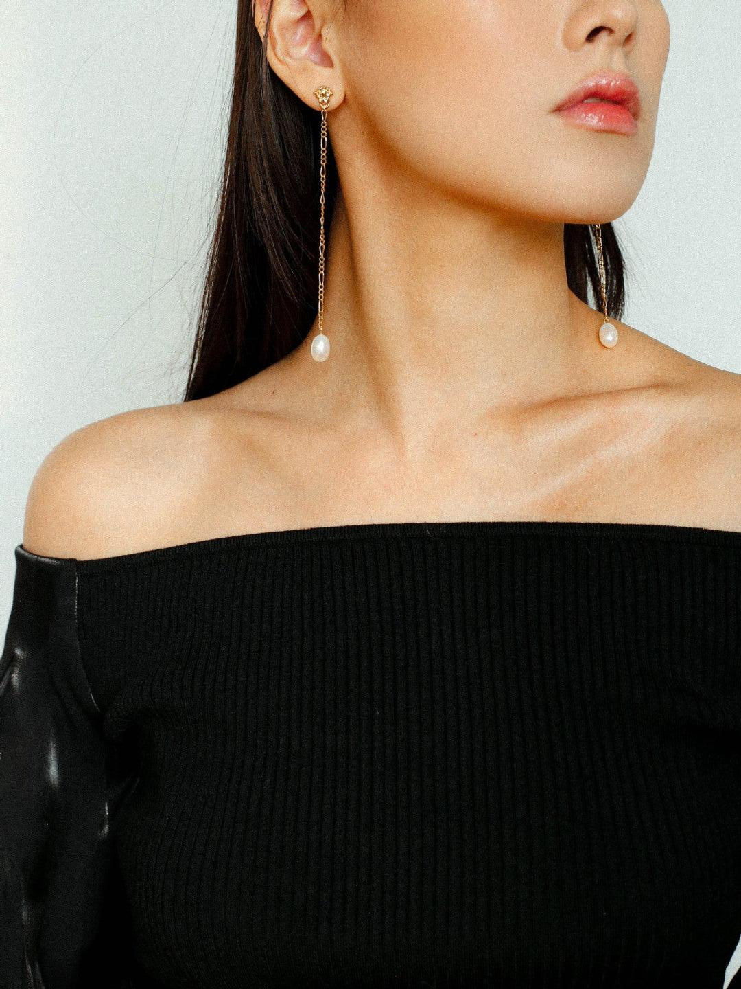 Simple Oval Pearl Long Drop Earrings - Gembea Jewelry