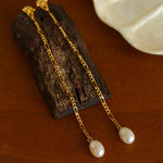 Simple Oval Pearl Long Drop Earrings - Gembea Jewelry