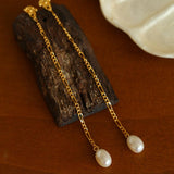 Simple Oval Pearl Long Drop Earrings - Gembea Jewelry