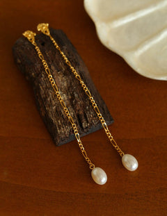 Simple Oval Pearl Long Drop Earrings - Gembea Jewelry