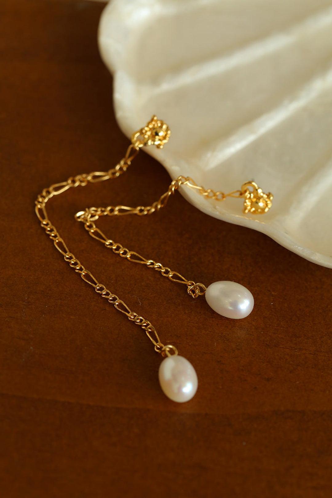 Simple Oval Pearl Long Drop Earrings - Gembea Jewelry