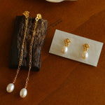 Simple Oval Pearl Long Drop Earrings - Gembea Jewelry