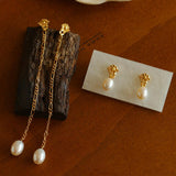 Simple Oval Pearl Long Drop Earrings - Gembea Jewelry