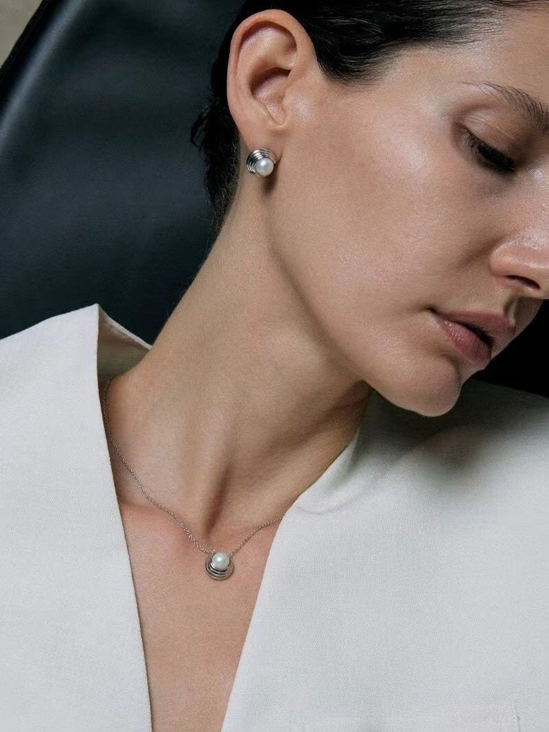 Simple Spiral Pearl Pendant Chain Necklace gembea jewelry