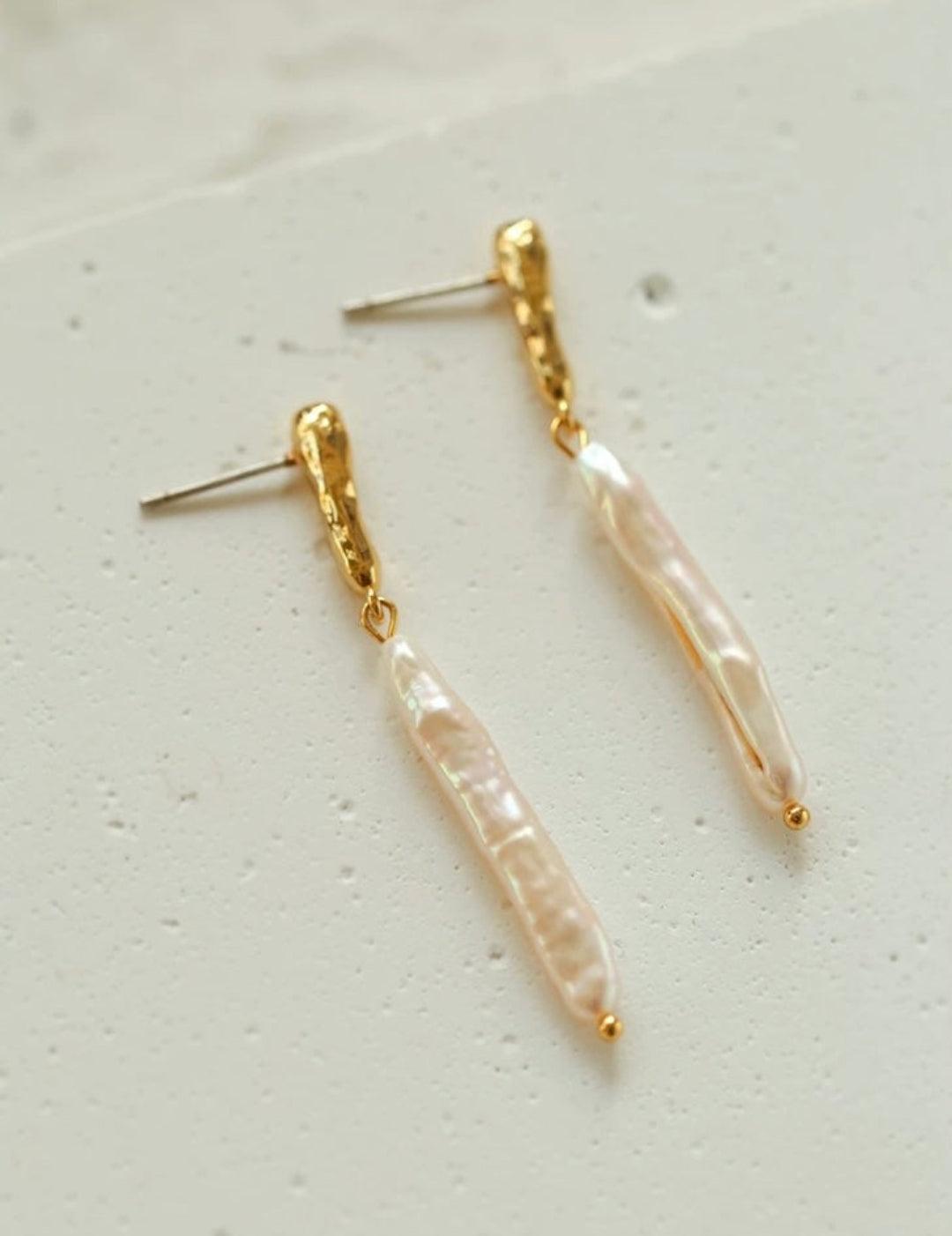 Simple Long Baroque Toothpick Pearl Earrings - Gembea Jewelry