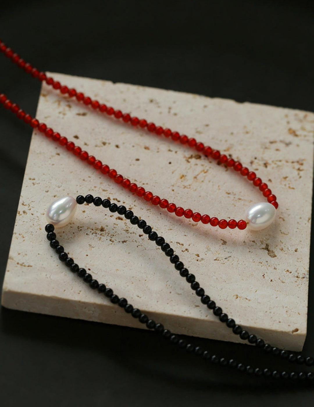 Single Pearl Black Red Agate Beaded Necklace - Gembea Jewelry