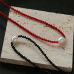 Single Pearl Black Red Agate Beaded Necklace - Gembea Jewelry