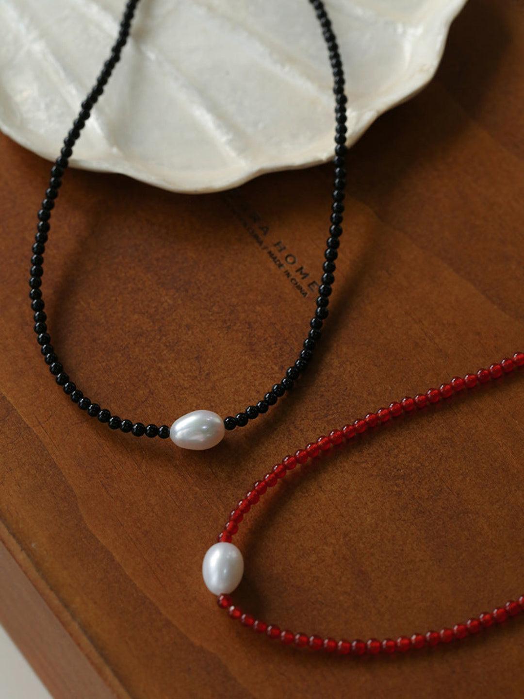 Single Pearl Black Red Agate Beaded Necklace - Gembea Jewelry