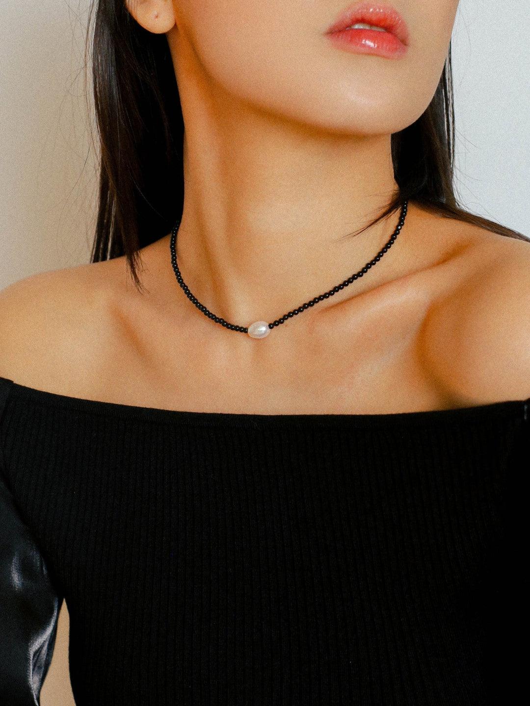 Single Pearl Black Red Agate Beaded Necklace - Gembea Jewelry