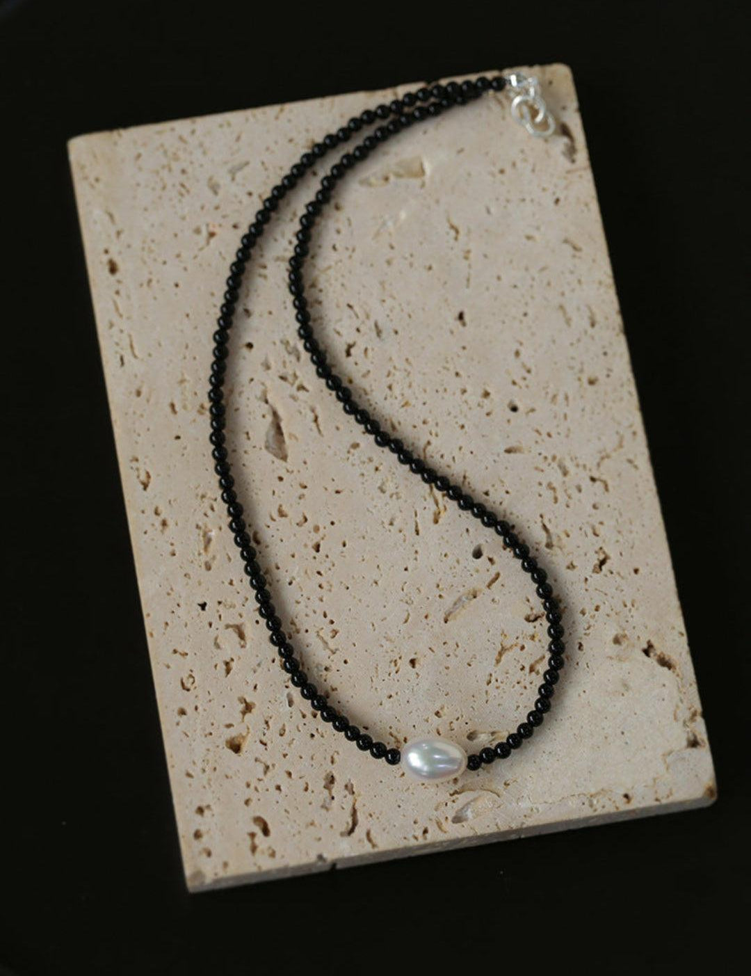 Single Pearl Black Red Agate Beaded Necklace - Gembea Jewelry