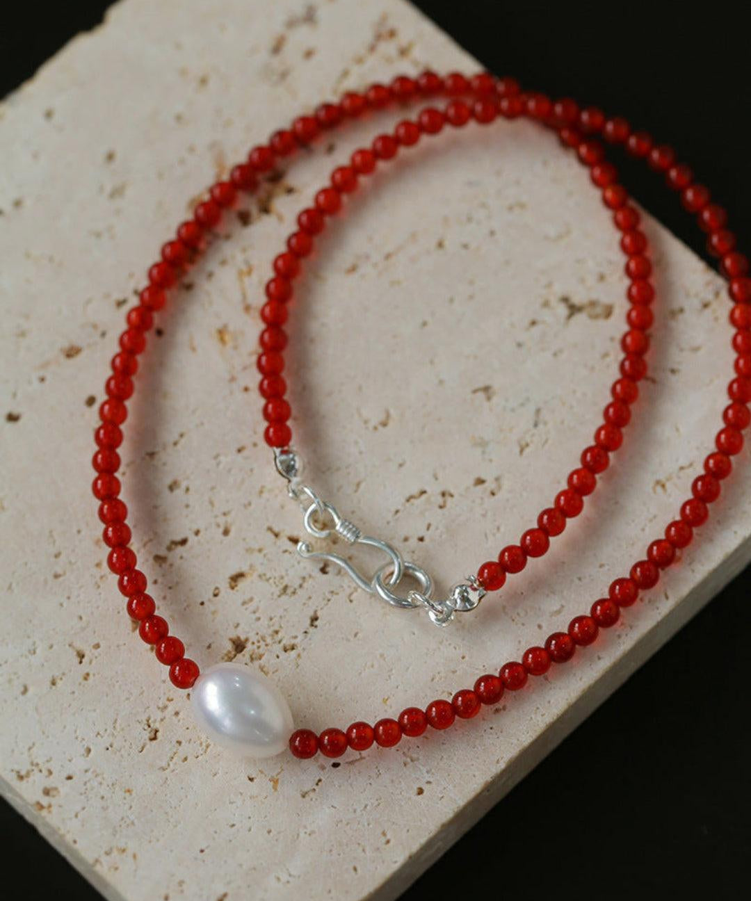 Single Pearl Black Red Agate Beaded Necklace - Gembea Jewelry