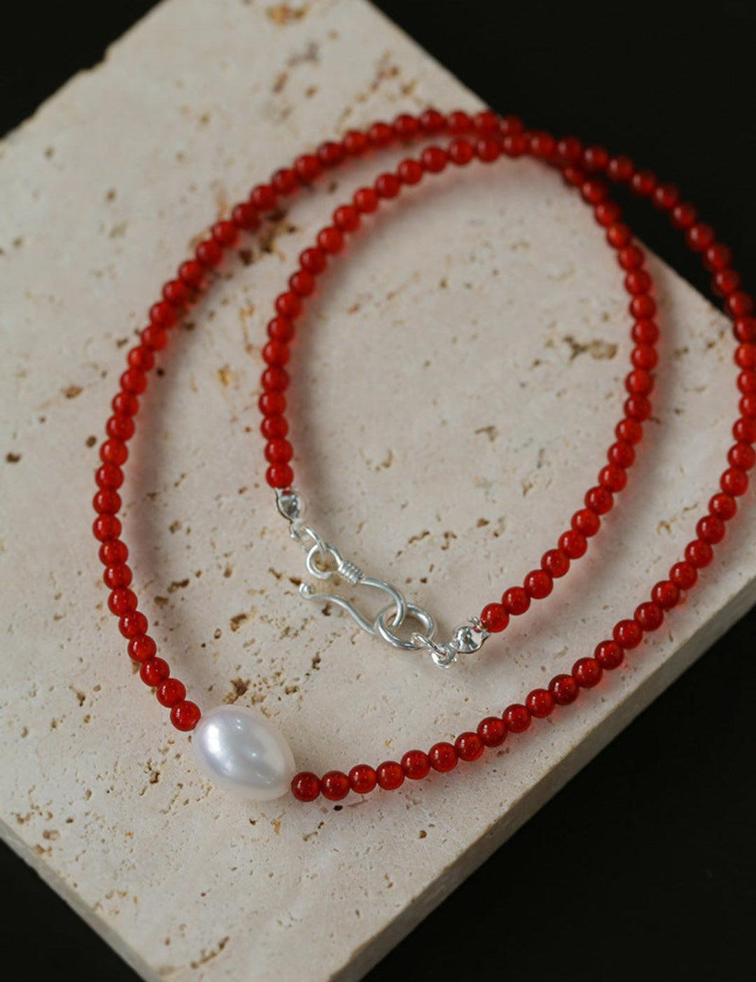 Single Pearl Black Red Agate Beaded Necklace - Gembea Jewelry