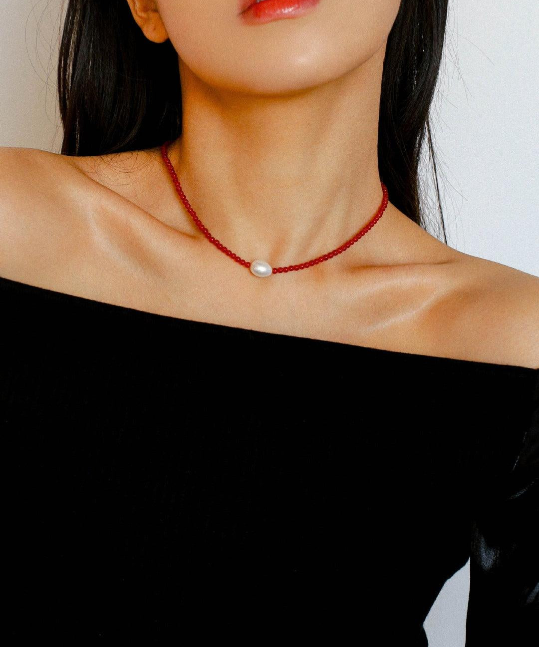 Single Pearl Black Red Agate Beaded Necklace - Gembea Jewelry