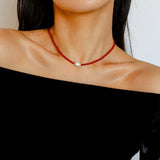 Single Pearl Black Red Agate Beaded Necklace - Gembea Jewelry