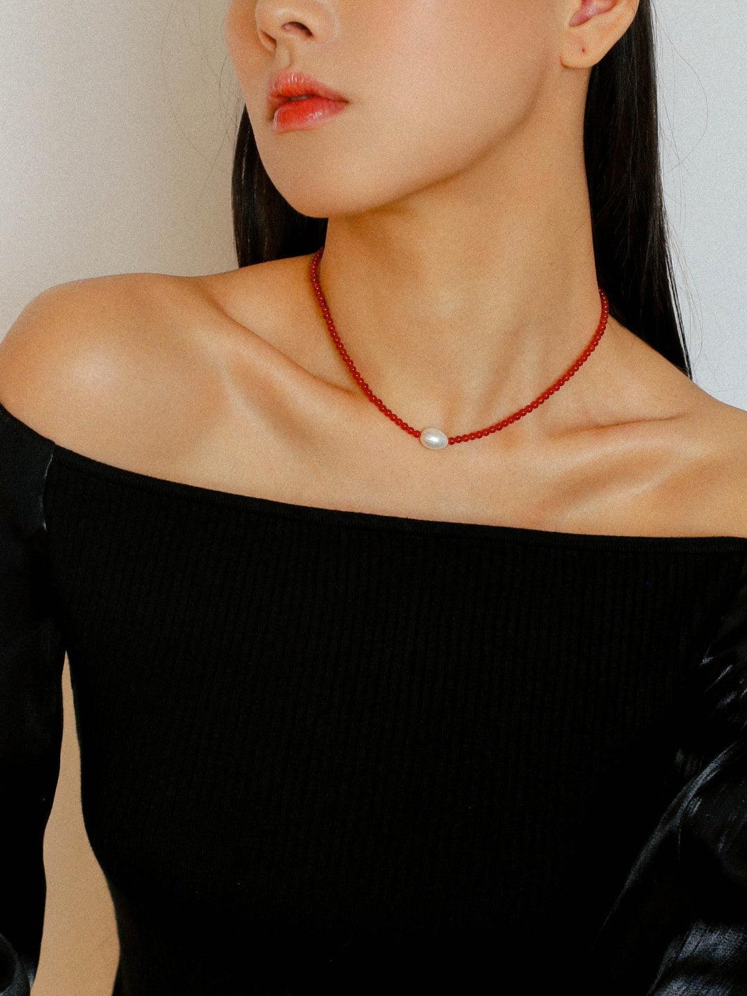 Single Pearl Black Red Agate Beaded Necklace - Gembea Jewelry