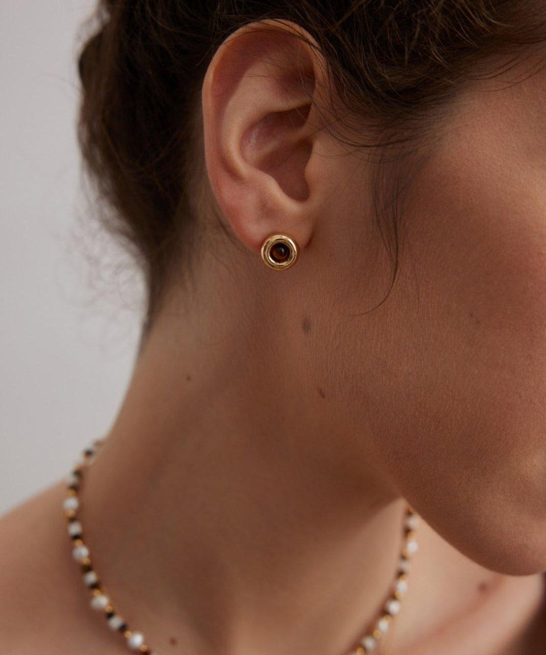 Small Round Tiger Eye Gemstone Earrings - Gembea Jewelry