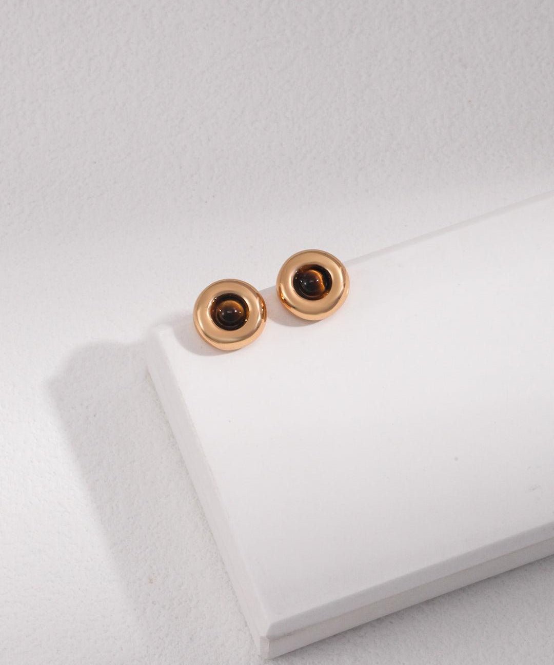 Small Round Tiger Eye Gemstone Earrings - Gembea Jewelry