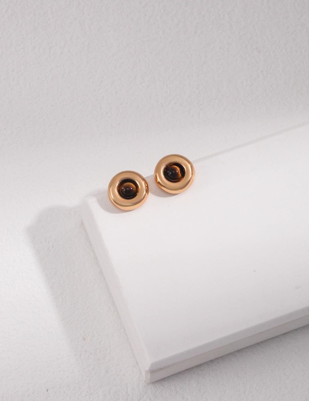 Small Round Tiger Eye Gemstone Earrings - Gembea Jewelry