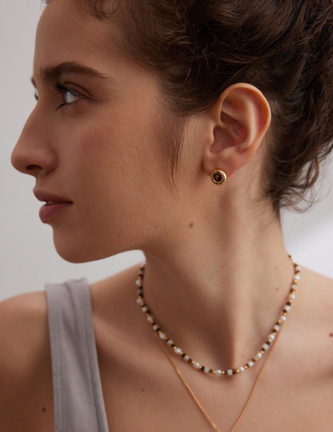 Small Round Tiger Eye Gemstone Earrings - Gembea Jewelry