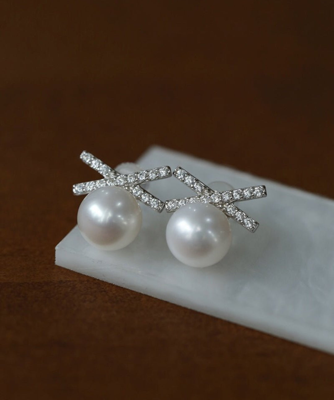 Sparkling X-Shaped Pearl Stud Earrings gembea jewelry